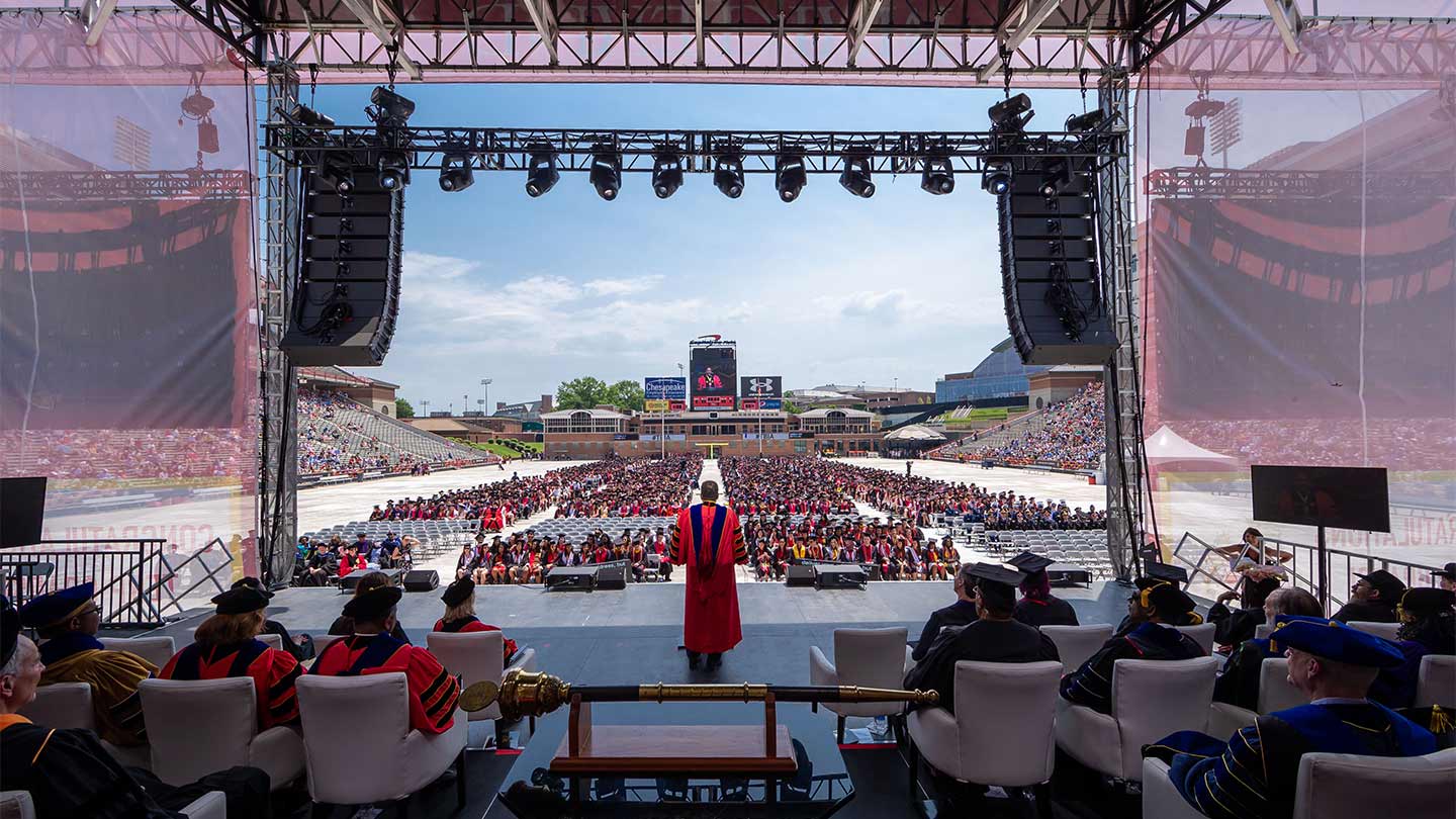 University President Darryll J. Pines addresses graduates and their guests at Friday’s Commencement ceremony, saying, “Your experience here at the University of Maryland has changed you. It has made you stronger and wiser. The world needs you, and you are ready for it.” Photo by John T. Consoli.