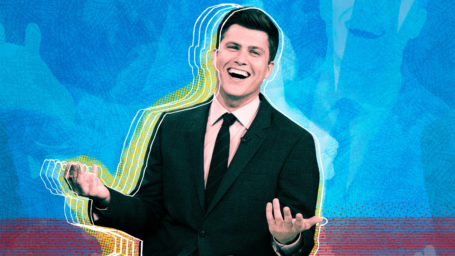 Actor and comedian Colin Jost, this year’s SEE Homecoming Comedy Show headliner, will take the stage in Ritchie Coliseum for two shows on Oct. 16. Photo by NBC/Getty Images; photo illustration by Valerie Morgan.