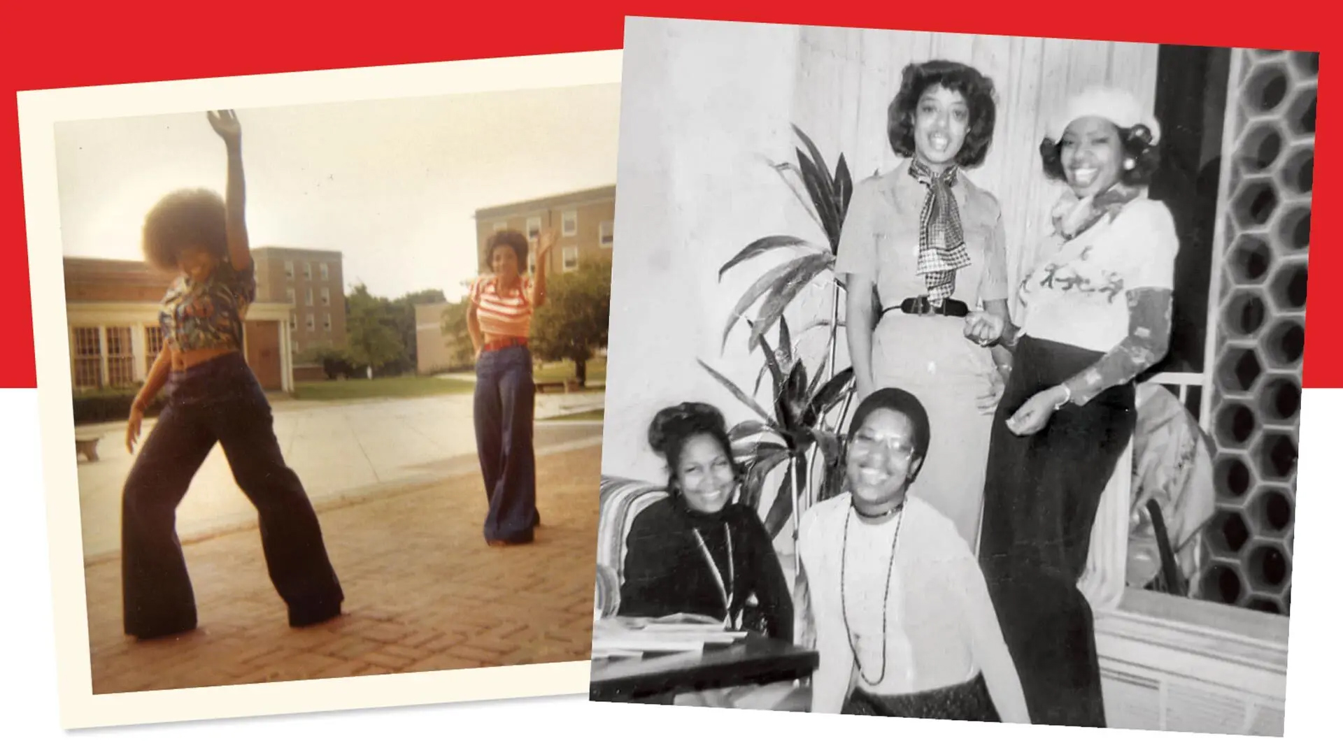 Joyce Dawkins and Everene Johnson-Turner (left) in the Cambridge Community in 1973; their first post-graduation reunion at D.C.’s The Flagship Restaurant in 1974. The Sugar Hill sisters, who first met as UMD students, will celebrate their 50th gathering this month. Photos courtesy of the Sugar Hill sisters.