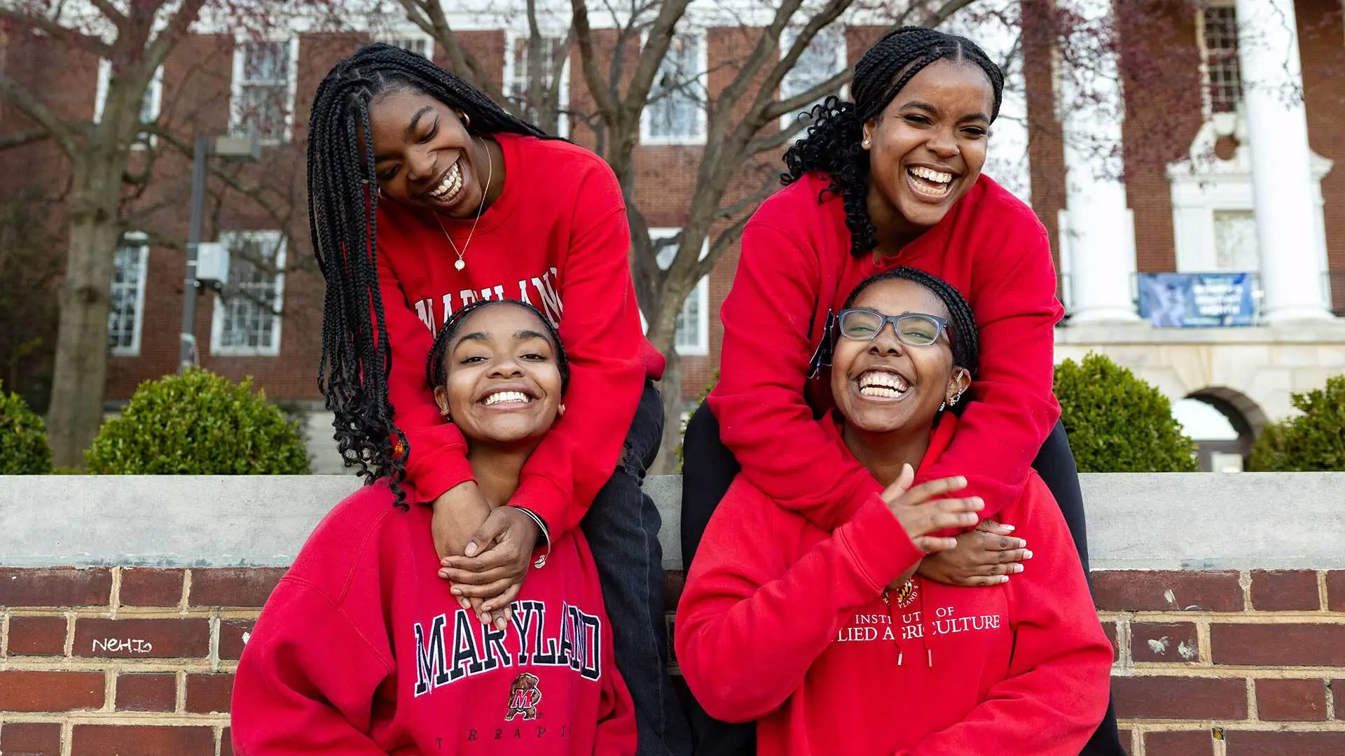  Clockwise from top left: Kamryn Edwards '27, Amira Edwards '25, Britne Edwards '27 and Jade Edwards '24. The two sets of twins are from the same family—and are all attending UMD at the same time.