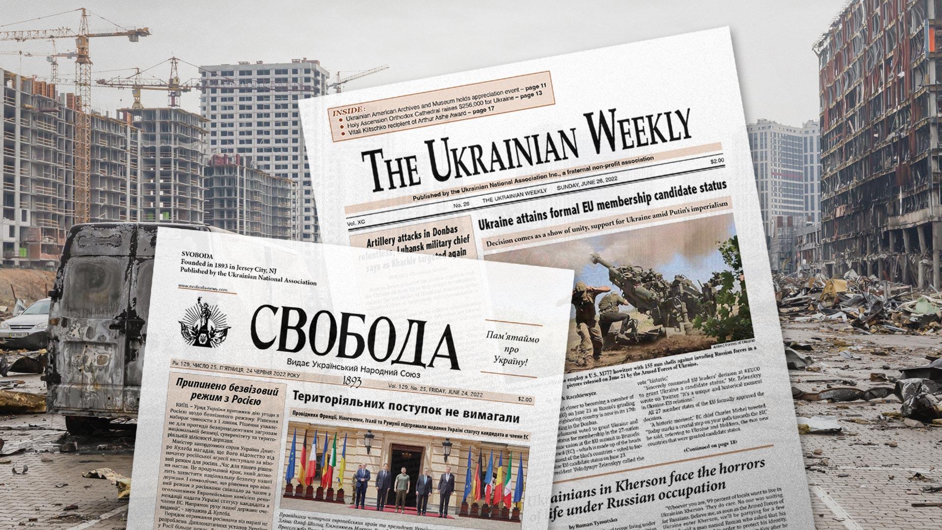 Ukrainian newspapers in front of an image of war torn Ukraine. Collage by Valerie Morgan; background image by Shutterstock
