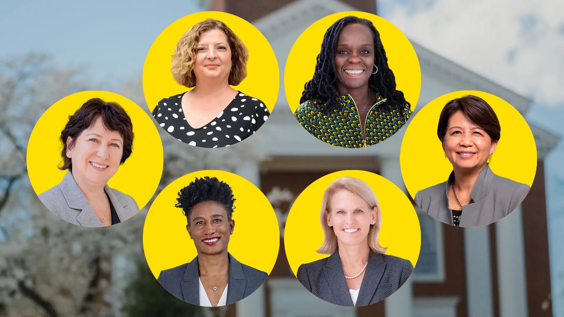 Five of 15 school and college deans at UMD are women, a figure that surpasses the 22% percent of research university leadership positions that are held by women nationwide. Collage by Valerie Morgan